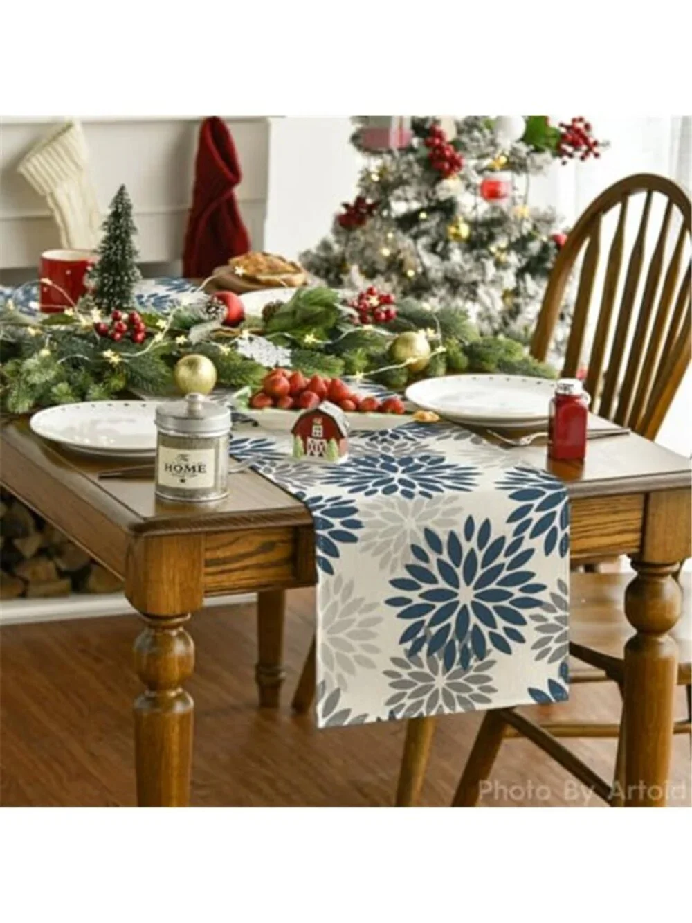 Blue Grey Silver Floral Table Runner 13 x 72 Inch Polyester Dining Table Decor